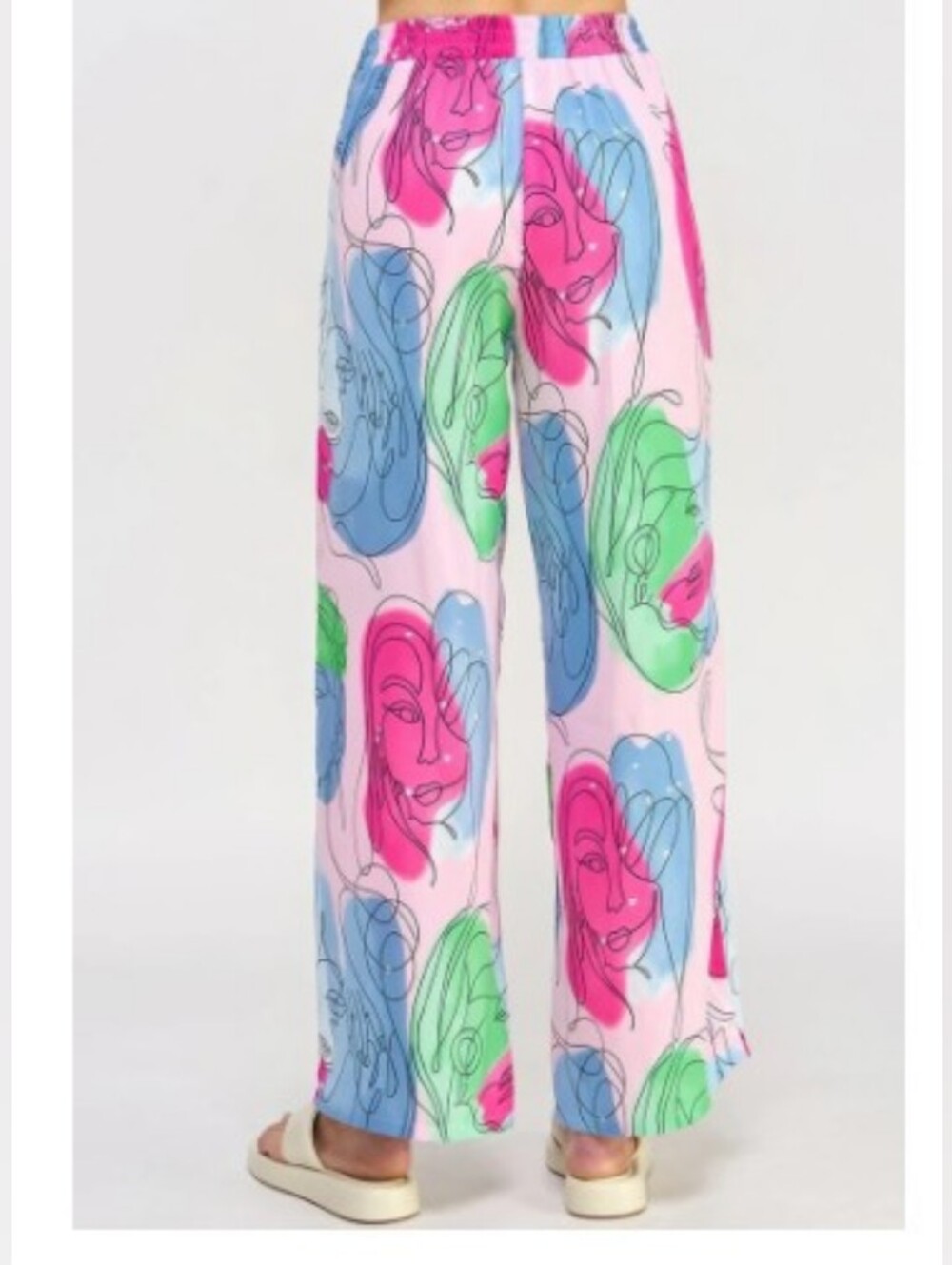 BLUE /WHITE ONLY Women’s Abstract Face Print Wide-Leg Pants - Picture 4 of 5